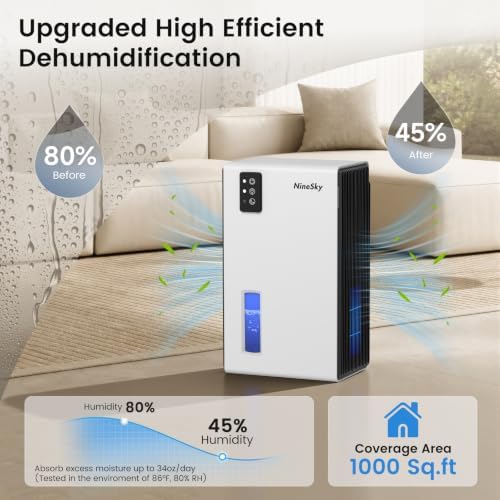 NineSky Dehumidifiers for Home, 1000 Sq.Ft Dehumidifier with 95oz Water Tank, Quiet Dehumidifier for Basement Bathroom Bedroom with 7-Color Ambient Light & Auto Shut Off, White
