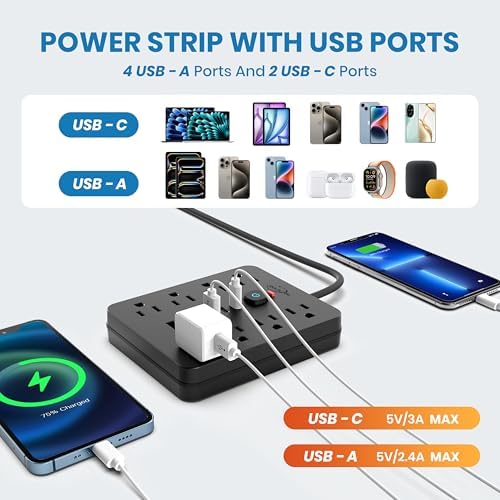JouleLoom Power Strip Surge Protector with 8 Outlets, 4 USB and 2 USB C Ports, 5 Ft Extension Cord, Flat Plug, Wall Mount, Overload Protection Desk USB Charging Station for Home, Office