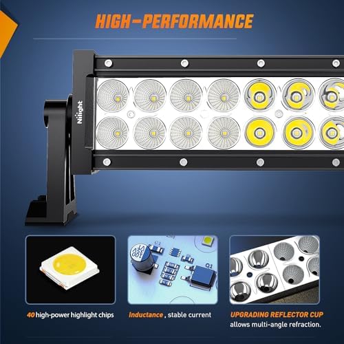 Nilight 22Inch 120W Spot Flood Combo Led Light Bar Off Road Driving Lights Boat Lights Fog Light 12V On/Off 5 Pin Rocker Switch Power 16AWG Wiring Harness Kit-1 Lead for Trucks,2 Years Warranty