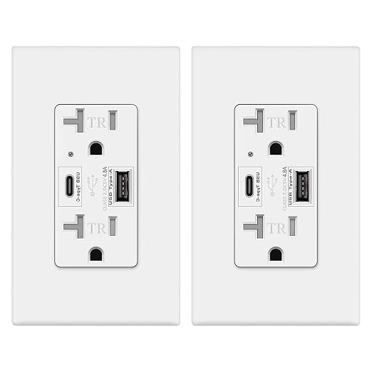 Micmi USB Outlet with C + A Wall Dual High Speed Receptacle Smart 4.8A Fast Charging Capability, 20Amp 125Volt, Tamper Resistant Wall Plate Included UL Listed (2Pack, White, 20 Amp Outlet)