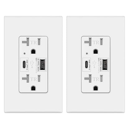 Micmi USB Outlet with C + A Wall Dual High Speed Receptacle Smart 4.8A Fast Charging Capability, 20Amp 125Volt, Tamper Resistant Wall Plate Included UL Listed (2Pack, White, 20 Amp Outlet)