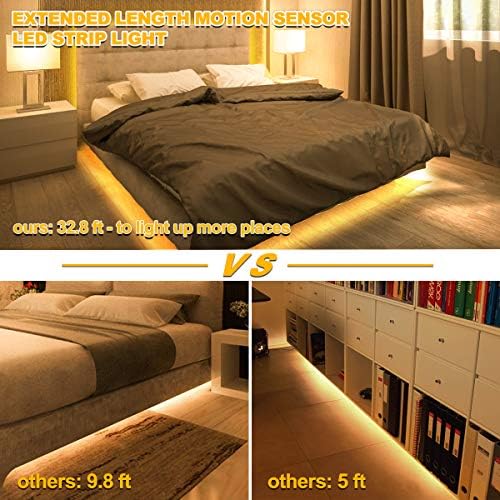 MY BEAUTY LIGHT Motion Activated LED Strip Lights, 32.8ft LED Light Strip with Day or Night 2 Lighting Modes,3 Timing Off Modes,Warm White 12v Plug-in LED Rope Lights for Under Cabinet,Kitchen,Stair