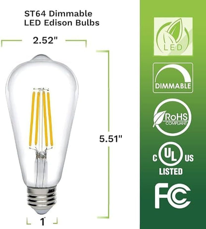 Bioluz Dimmable Edison Light Bulbs - 800 Lumen Soft White 3000K LED Replacement for Incandescent Light Bulbs - 18-Pack Vintage Soft White Light Bulbs for Dimmable Lighting and Soft Lighting