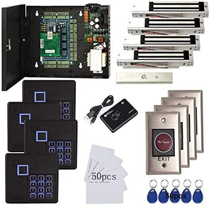 4 Doors Access Control System Infrared No Touch Exit Keypad Scanner 600lbs Electric Magnetic Lock 110V Metal Power Box RFID Reader RFID Card Key Fob(Phone APP remotely Open Door)