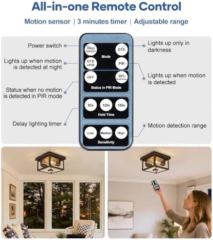 Motion Sensor Outdoor Ceiling Light with Remote, 8.5 Inch Brown and Gold Flush Mount Porch Light Fixture with United Glass Cover, 5 Modes Outside Flush Mount Light for Porch, Garage, Entryway