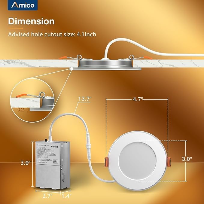 Amico 2 Pack 4 Inch 5CCT LED Recessed Ceiling Light with Night Light, 2700K/3000K/3500K/4000K/5000K Selectable Ultra-Thin Lighting, 10W=90W, 700LM, Dimmable Canless Wafer Downlight - ETL&FCC