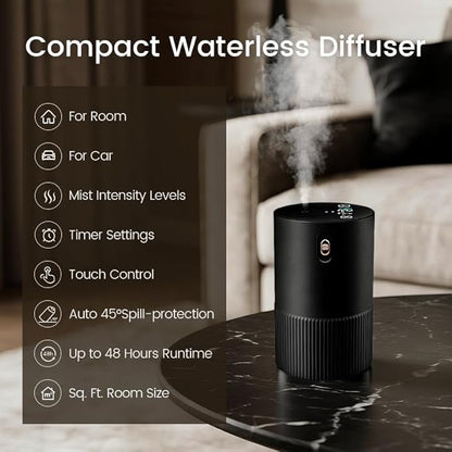 Waterless Diffuser for Essential Oil, Aluminum Alloy & Fabric, 0.33 Fl Oz/ 10mL, Waterless Diffusers, Scent Diffuser with Timer & 4 Mist Levels for Home, Room, Car, Office - Black