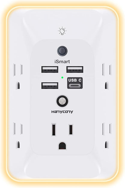 Outlet Extender with Night Light, HANYCONY Multi Plug Outlet, USB Wall Charger Surge Protector 4 USB Ports(1 USB C), Power Strip Electrical Outlet Splitter Expander for Home Office Dorm Room, ETL