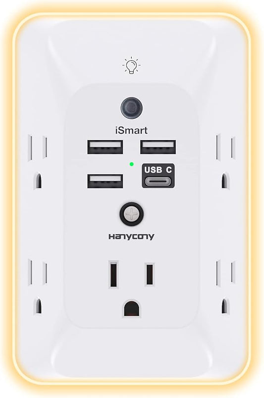 Outlet Extender with Night Light, HANYCONY Multi Plug Outlet, USB Wall Charger Surge Protector 4 USB Ports(1 USB C), Power Strip Electrical Outlet Splitter Expander for Home Office Dorm Room, ETL