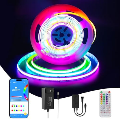 RGB Smart IC COB LED Strip Light 18ft Addressable Chasing Color 12V LED Light Strip Multicolored Flexible RGB Lights Kit with Music Mode for Party, Decoration, Home DIY Lighting Projects