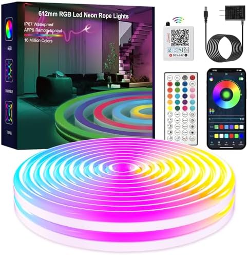 Neon RGB Rope Lights,IP67 Waterproof,Flexible Led Rope Lights,Control with App/Remote,Music Sync,for Gaming Room Living Bedroom Wall Decor (20FT)
