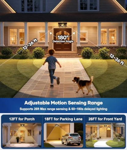Motion Sensor Outdoor Ceiling Light with Remote, 8.5 Inch Matte Black Flush Mount Porch Light Fixture with United Glass Cover, 5 Modes Outside Flush Mount Light for Porch, Garage, Patio, Entryway