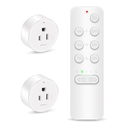 Remote Control Outlet, GREENCYCLE Remote Timer Switch, Plug in Light Switch Outlet, 500ft Range, 15A/1500W, for Lights, Fans, Christmas Lights, Household Appliance, 1Remotes 2Outlets