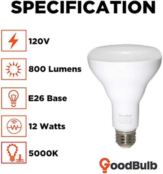 GoodBulb BR30 LED Light Bulb 12-Watt (85W Equivalent), 5000K Daylight White Color, 800-Lumens, Fully Dimmable, E26 Base (Pack of 6 Bulbs)