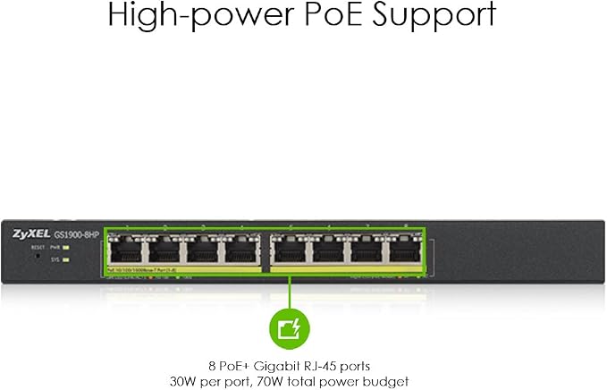 Zyxel 8 Port Network Ethernet Switch | Smart Managed PoE+ | GS1900-8HP | 8x GbE PoE+ with 77W Budget, Fanless, VLAN, QoS, IGMP Snooping, Link Aggregation, Wall Mount Kit Included, TAA Compliant