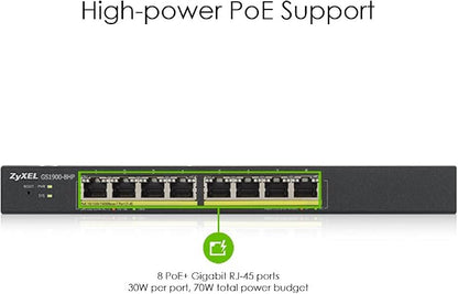 Zyxel 8 Port Network Ethernet Switch | Smart Managed PoE+ | GS1900-8HP | 8x GbE PoE+ with 77W Budget, Fanless, VLAN, QoS, IGMP Snooping, Link Aggregation, Wall Mount Kit Included, TAA Compliant