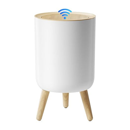 Motion Senor Bathroom Trash Can with Lid, 2.38 Gal Mini Garbage Can, Smart Automatic Touchless Open, Round Decorative Trashcan with legs and Wood Grain Top, for Kitchen Bedroom Office, Plastic, White
