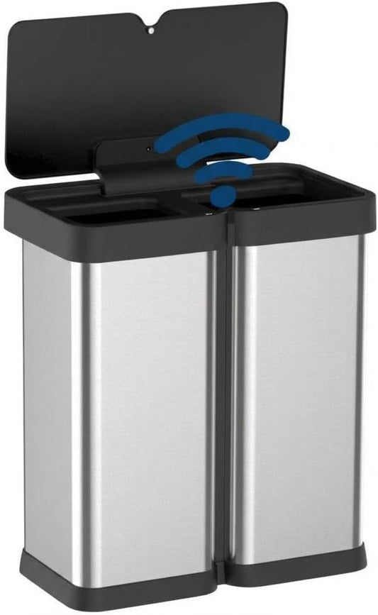 OUTLANE 2x8 Gallon/60L Dual Kitchen Trash Can, Motion Sensor Dual Garbage Can with Soft Close Lid, Automatic Stainless Steel Recycle Bin Combo for Kitchen, Bathroom, Office