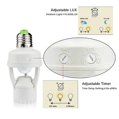 Motion Sensor Light Socket, PIR Motion E26 Screw Bulb Adapter, Adjustable Auto On/Off Night Light Control, Garage Light, for Basement, Pantry Room, Storage Room, Garage Light