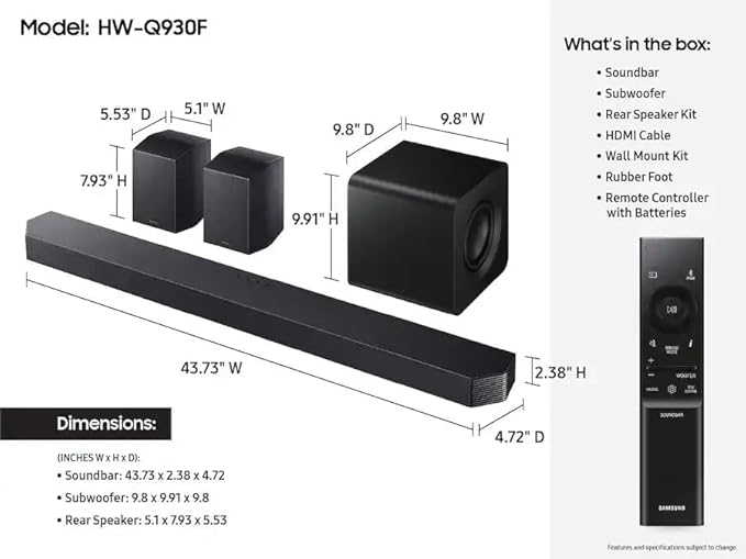 Samsung Q-Series Soundbar HW-Q930F 9.1.4ch with Subwoofer & Rear Speakers, Dolby Atmos DTS:X Premium Home Theater System, Cinematic Surround Sound for TV, Movies & Gaming