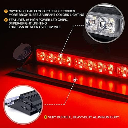 Xprite 16 inch Red Emergency Strobe Dash Lights, Interior Windshield Flashing Light w/Suction Cups for Construction Towing Snow Plow Pickup Work Trucks Cars (Aluminum Housing)