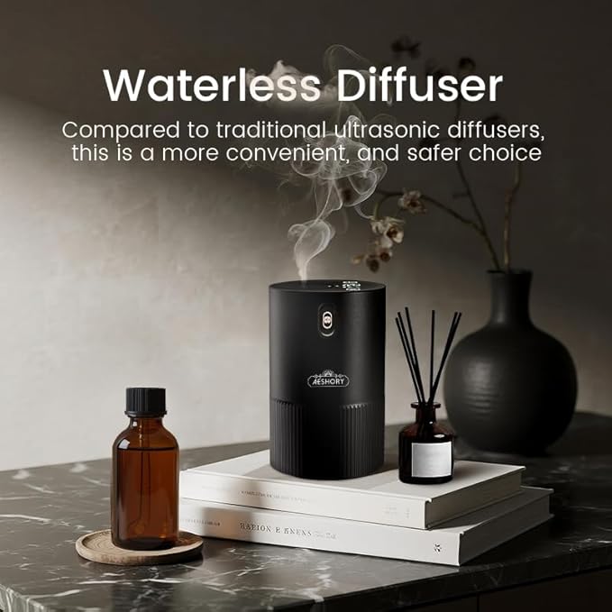 Waterless Diffuser for Essential Oil, Aluminum Alloy & Fabric, 0.33 Fl Oz/ 10mL, Waterless Diffusers, Scent Diffuser with Timer & 4 Mist Levels for Home, Room, Car, Office - Black