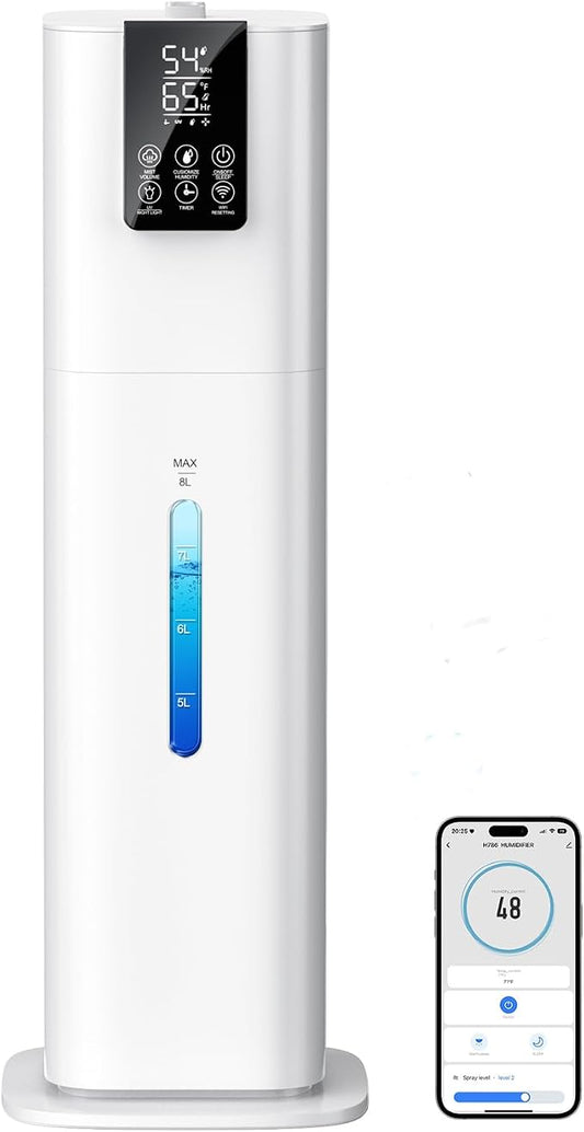 8L/2.1 Gal Smart Humidifier Large Room, Top Fill Cool Mist Humidifiers for Bedroom with App & Remote Control, Night Light, 24H Timer, Aroma Box & 360° Nozzles, Humidifier for Home, Office & Plants