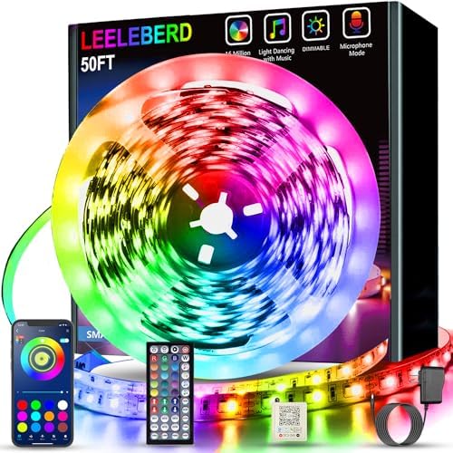Leeleberd 50ft Led Strip Lights, Music Sync Color Changing Led Light Strips, App Control and Remote, Led Lights for Bedroom Living Room Party Home Decoration