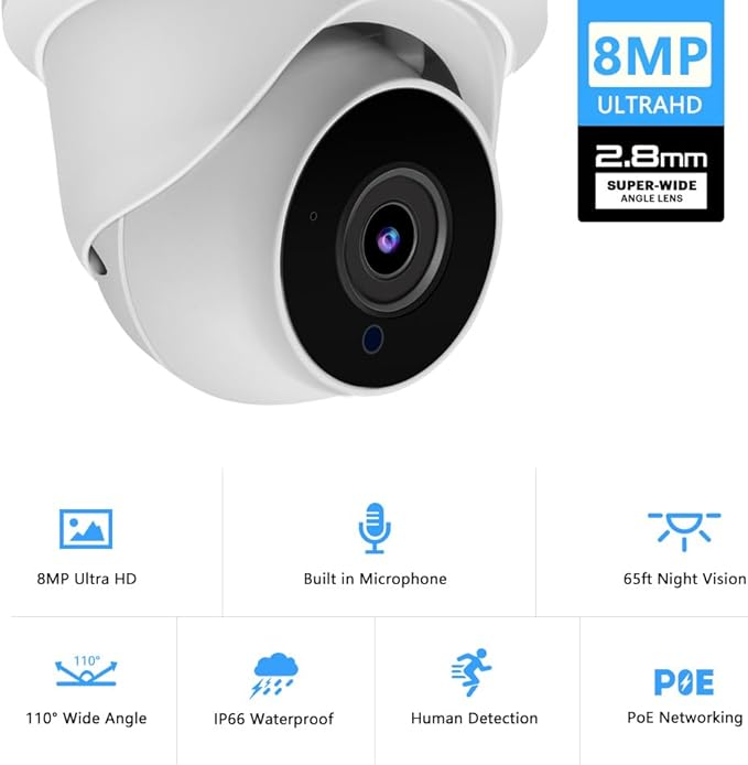 4K 8MP Security PoE IP Camera 80ft IR Night Vision Turret Dome Camera Outdoor with Microphone/Audio，2.8mm Fixed Lens，110°Wide Angle，IP66 Waterproof