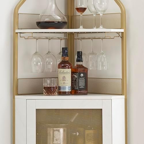 GAOMON Corner Bar Storage Cabinet, 5-Tier Farmhouse Liquor Cabinet with Glass Holder Wine Cabinet with Barn Door & Adjustable Shelf, Home Bar Storage for Home,Dining Room, Kitchen, Gold