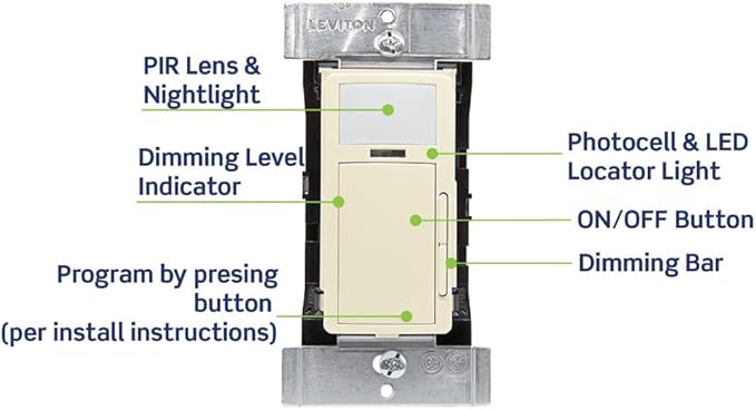 Leviton PIR 0-10V Smart Occupancy Sensor Switch, Neutral Wire Required, 120-277VAC, 50/60Hz; App Configurable with the Smart Sensor App, LED Nightlight, ODD10-IDI, Ivory
