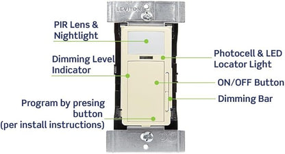 Leviton PIR 0-10V Smart Occupancy Sensor Switch, Neutral Wire Required, 120-277VAC, 50/60Hz; App Configurable with the Smart Sensor App, LED Nightlight, ODD10-IDI, Ivory