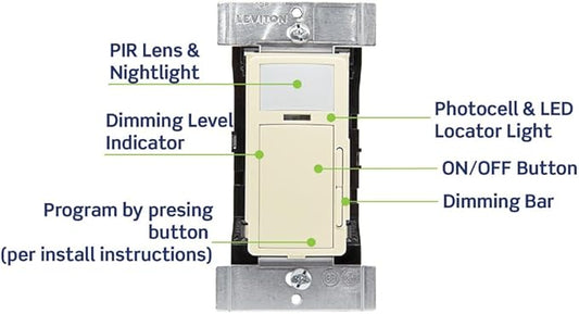 Leviton PIR 0-10V Smart Occupancy Sensor Switch, Neutral Wire Required, 120-277VAC, 50/60Hz; App Configurable with the Smart Sensor App, LED Nightlight, ODD10-IDI, Ivory