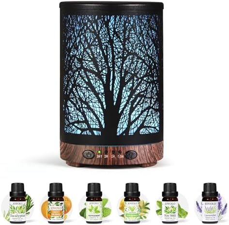 Oil Diffuser with Essential Oils Set, Aromatherapy Diffuser with 7 Color Lights and Auto Shut-Off, Cool Mist Diffuser with 6 Oils Gift Pack for Home Office (Tree with Oils)