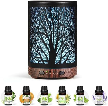 Oil Diffuser with Essential Oils Set, Aromatherapy Diffuser with 7 Color Lights and Auto Shut-Off, Cool Mist Diffuser with 6 Oils Gift Pack for Home Office (Tree with Oils)