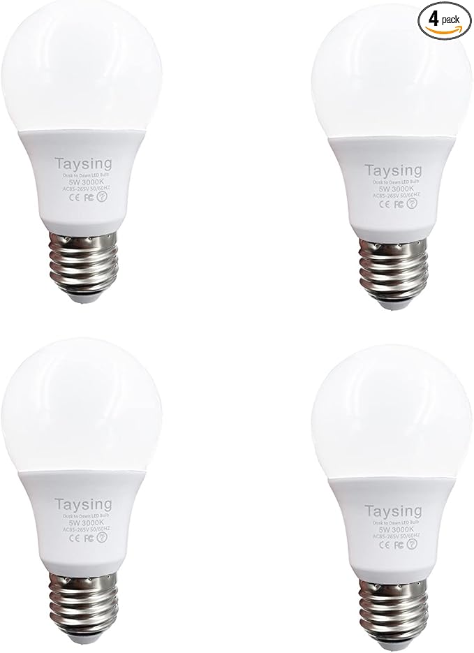 Taysing LED 40W Equivalent Smart Light Sensor Bulb, 5W 500lm E26 Soft White 4 Pack, Dusk to Dawn Light Bulbs for Indoor/Outdoor Use