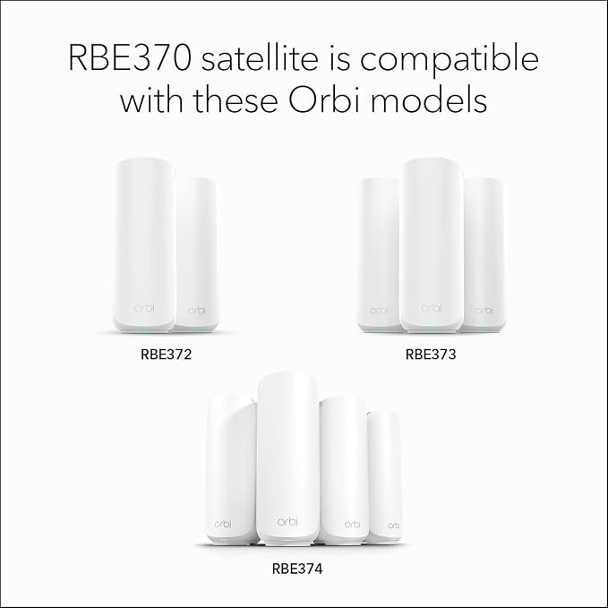NETGEAR Orbi 370 Series (RBE370) Dual-Band WiFi 7 Mesh Network Add-on Satellite – Works with RBE372, RBE373, RBE374, Security Features, 5 Gbps, Adds Coverage up to 2,000 sq. ft., BE5000 (Pack of 2)