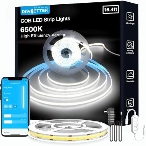 DAYBETTER Smart COB LED Strip Lights, 6500K Daylight White, 16.4FT Dimmable