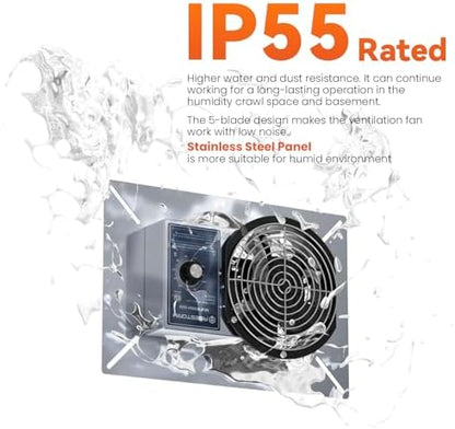 Abestorm 260CFM Crawl Space Ventilation Fan, IP-55 Rated Commercial Stainless Steel Vent Fan with Humidistat & Thermostat, 6.7 Inch Ventilator with Isolation Mesh for Crawlspace, Basement, Garage