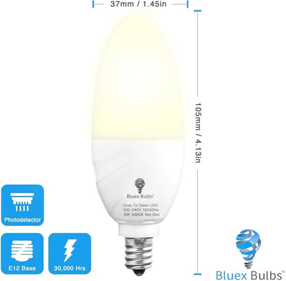 6 Pack BlueX Dusk to Dawn LED Bulbs, 6W E12 Base Light Bulb - 65W Equivalent – 3000K WarmLight White - Smart Light Sensor Candelabra Bulb, Home Security, Driveway, Yard, Porch Lighting