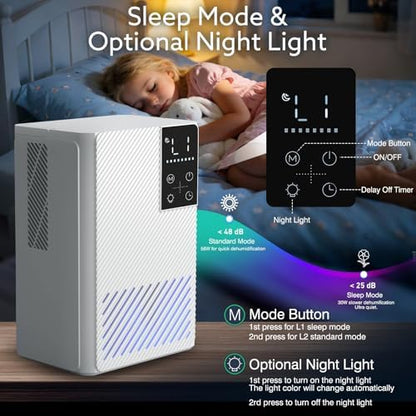 Dehumidifier 58W Compact Quiet Effective Double Cores for Home. 68OZ Water Tank, Sleep Mode, Auto Shut-Off, Delay-Off Timer, Night Light, for Bathroom Bedroom RV Camper Closet or any Small Space