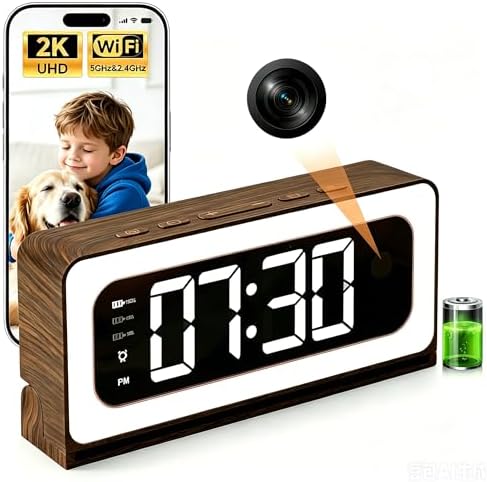 Alarm Clock Camera, Wood Grain,5G & 2.4GHz WiFi Nanny Cam Wireless Indoor Camera,2K Security Camera for Home Baby Pet Monitor, Human Motion Detection Alerts, Color Night Vision