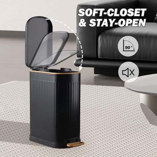 SYNCVIBE Slim Bathroom Trash Can with Lid Stainless Steel Garbage Can Soft Close Step Trash Bin with Removable Inner Bucket for Bedroom, Office, Kitchen (Matt Black, 3.5 Gallons)
