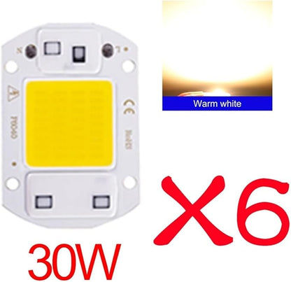 6PCS LED Chip AC 220V F6040 20W/30W/50W COB Lamp Bead Smart IC No Need Driver Outdoor Focus Spotlight Garden DIY Chip Lamp(6PCS 30W Warm White)