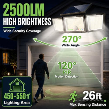 Solar Outdoor Lights Motion Sensor, 2500LM 286 LED Security Flood Lights with Visual Battery & Mode Display, 3 Lighting Modes, IP65 Waterproof 3-Head Wide Angle for Garage, Yard, Patio (6 Pack)