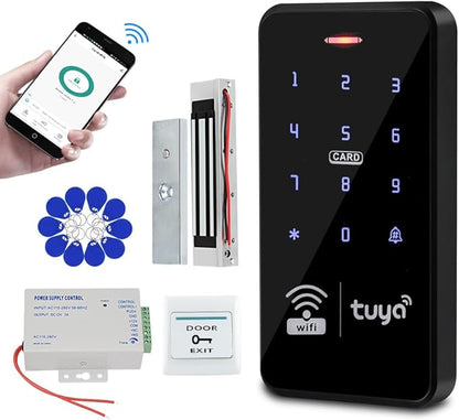 IP68 Outdoor Access Control System Kit WiFi Tuya RFID Keypad Waterproof 125KHz 13.56MHz + 180KG Electric Magnetic Lock + 10pcs 13.56Mz Keyfobs, Smart APP Remote Control