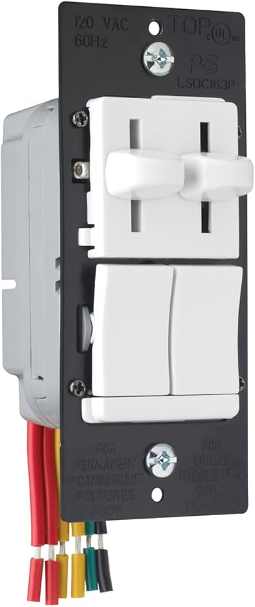 Legrand Pass & Seymour 300W LS Series Preset Dimmer Light Switch for Incandescent & Halogen Bulbs Plus 1.6A Ceiling Fan Control, 3-Way, LSDC163PWV, White, 1 Count