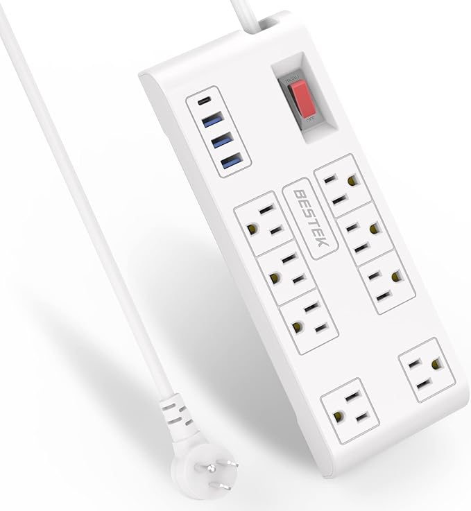 BESTEK 8 AC Outlet, 12 Feet Extension Cord Power Strip with 3 USB-A 2.4A 1USB-C 3A, MAX Output 1625W 13A, 600Joule, Ultra-Compact Wide Spaced Outlet for Large Plug