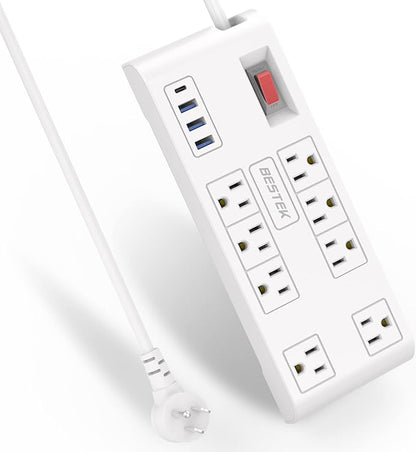 BESTEK 8 AC Outlet, 12 Feet Extension Cord Power Strip with 3 USB-A 2.4A 1USB-C 3A, MAX Output 1625W 13A, 600Joule, Ultra-Compact Wide Spaced Outlet for Large Plug