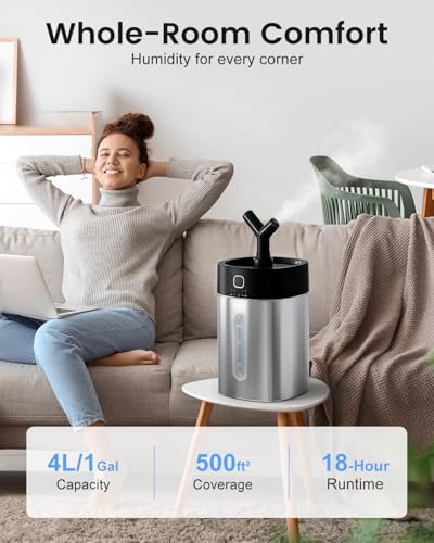 Feekaa Stainless Steel Humidifier, Easy Clean Dishwasher Safe, 4L/1Gal Cool Mist Humidifiers for Bedroom, Humidifiers for Baby, Humidifier Large Room for Nursery, Plant, Office, Living Room, Black